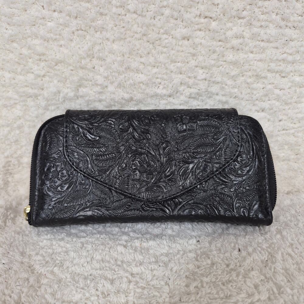 Black Mexican Handmade Floral Embossed Leather Flap Closure Wallet